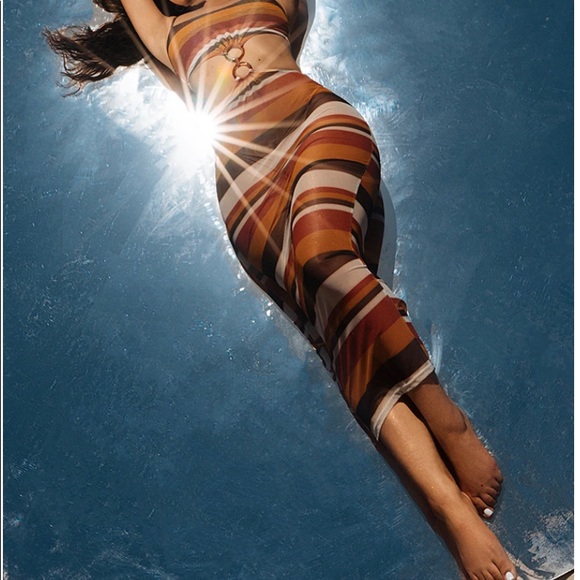 PrettyLittleThing Brown Stripe Mesh Ring Detail Dress - Picture 4 of 4